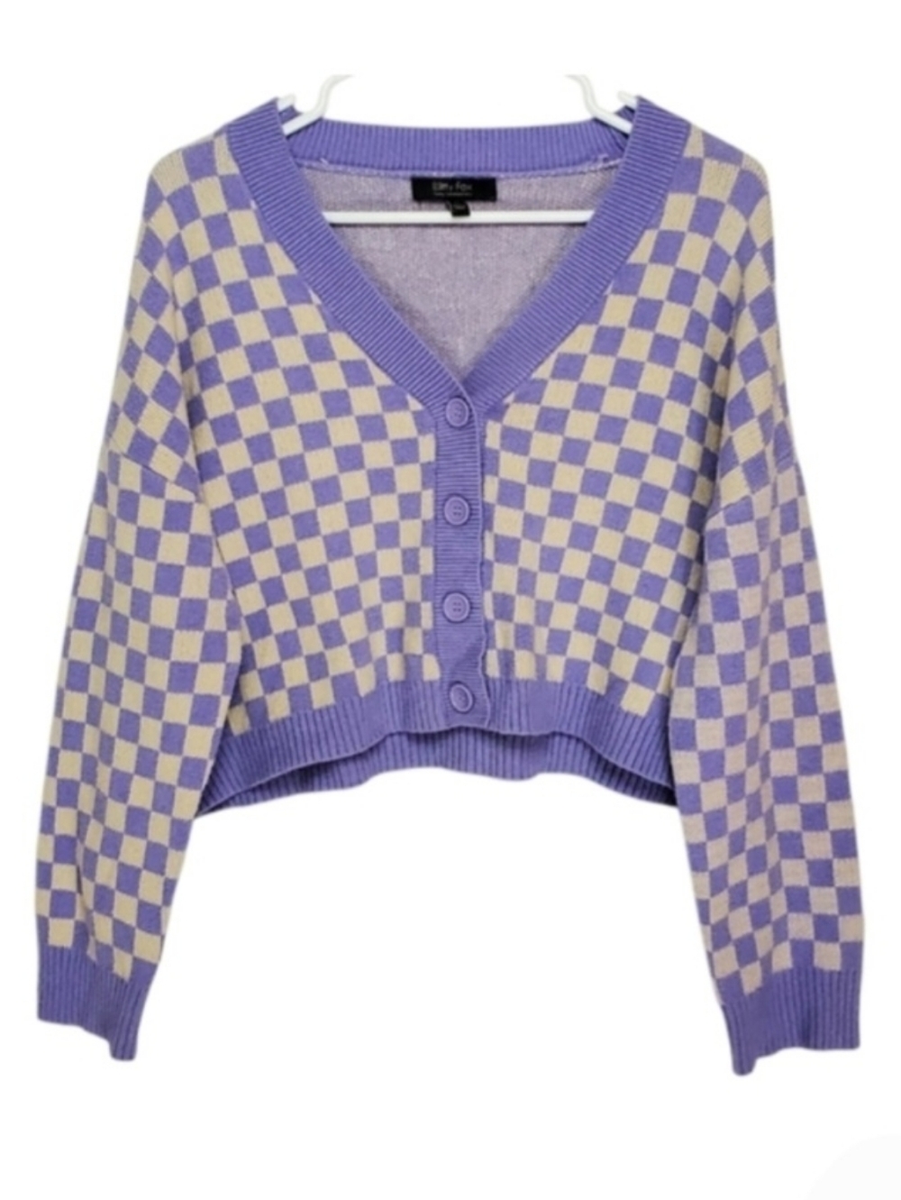 7638 * Witty Fox Checkered Cropped Cardigan Sweater Purple Ivory Size XL